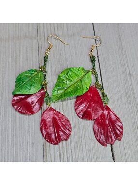 Handmade 18k Gold Plated Rose Petals and Leaves Glass Bead Dangle Earrings